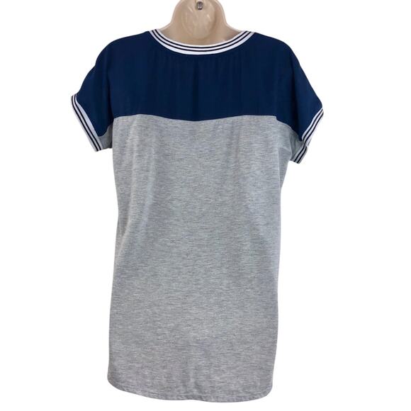 Rewind Blue Gray White Tropical Floral Print Top Mixed Media Fabric Short Sleeve - Picture 2 of 16